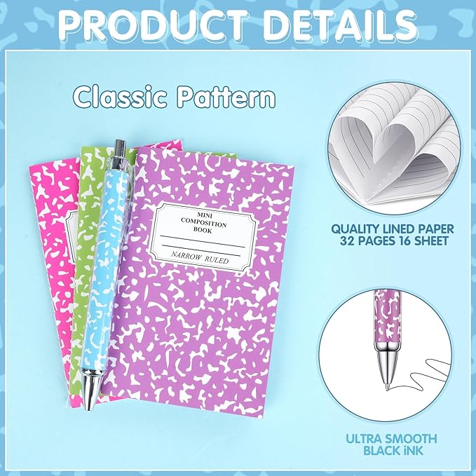 48 Pack Bulk Mini Composition Notebook with Rainbow Colors Ballpoint Pens Sets, 3.1x4.9 inch Hard Cover,16 Sheets Per Comp Book Marble Composition Notebook for School College & Office Supplies