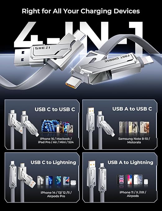 [2025 Upgrade] 4-in-1 USB C Cable 240W 5FT Compatible With Lightning Cable [Fast Charging & Data Transfer] Flat Type C/A to C/L Cord for iPhone/iPad, Multi Charger Wire Combo for All Devices (Grey)