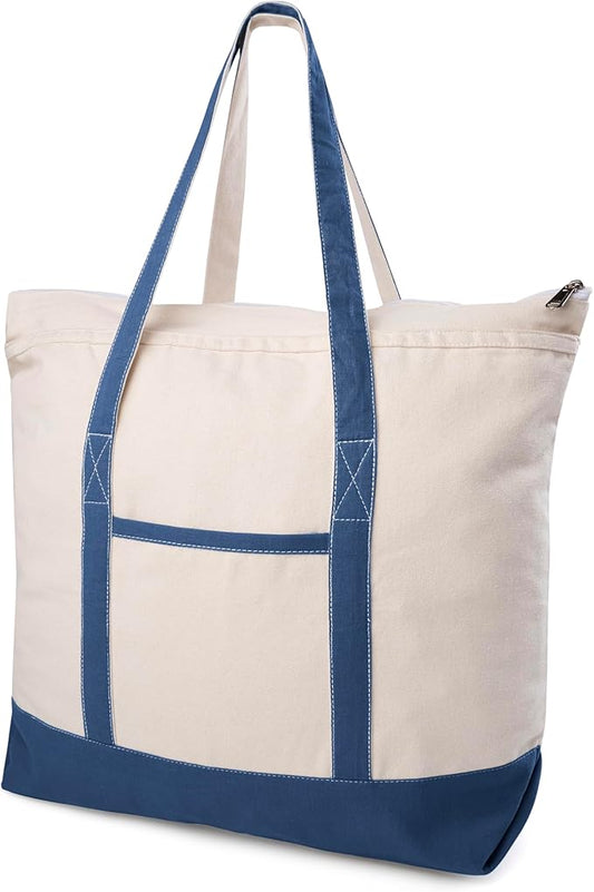 Cotton Canvas Tote Bag with an External Pocket & Top-Zipper Closure For - Gym, Beach, DIY, Work, Travel, Shopping