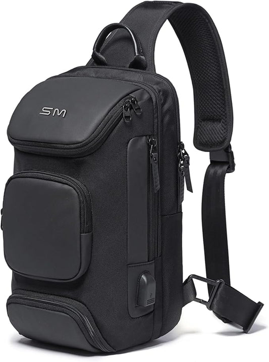SMONT Sling Bag Crossbody for Men, 14.2 inch Anti Theft Waterproof Chest Shoulder Bag with USB Charging Port