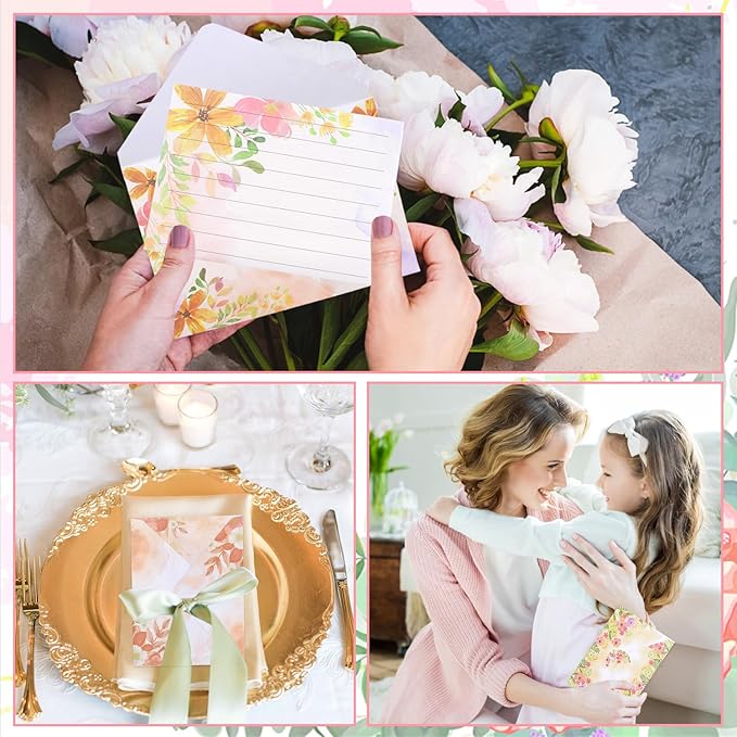 160 Pcs Stationery Paper Set Including 50 Matching Envelopes 50 One Sided Stationery Writing Papers 60 Round Dot Sticker for School Office Supplies,10 Design, 5.5 x 8.25 Inch(Flower)