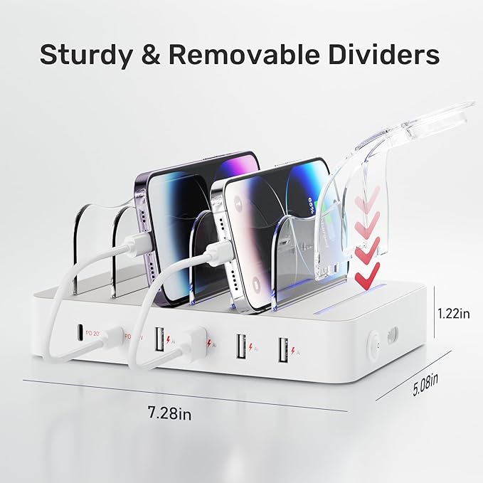 Unitek Multi USB Charging Station - 6 Port USB C Charging Dock with 2 PD 20W, Multiple Devices Charging Station Organizer for iPad, iPhone, iWatch, Samsung, Tablets and More