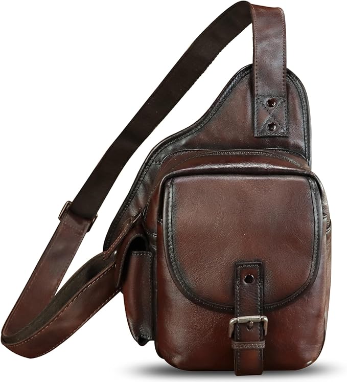 Genuine Leather Sling Bag for Men Women - Chest Crossbody Bag Vintage Sling Backpack Purses Hiking Sports Travel (Coffee)