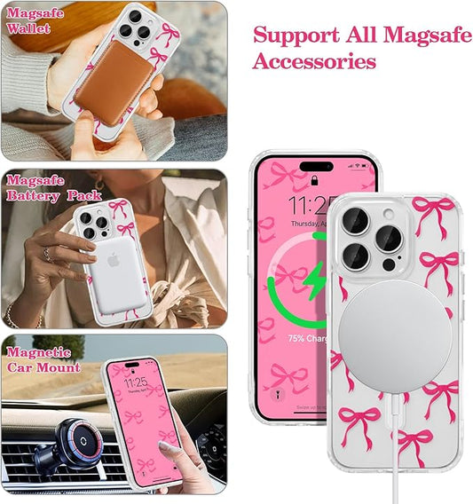 UEEBAI Magnetic for iPhone 16 Pro Max Case, Bow Case Compatible with MagSafe, Wireless Slim Clear Ribbon Aesthetic Phone Cover Anti-Yellowing Shockproof Protective Cover for Women Girl - Hot Pink