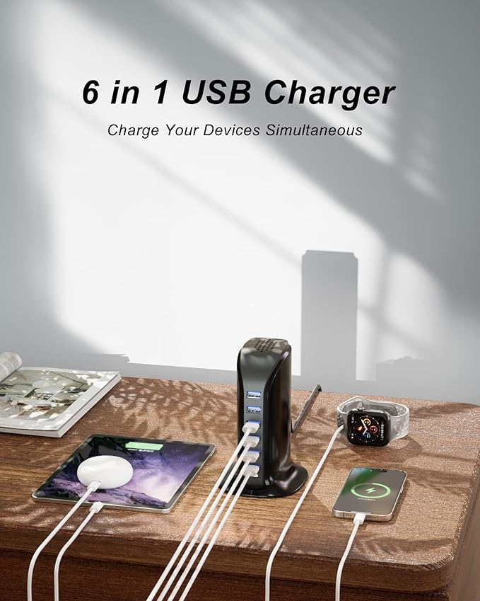 VPSUN USB Charger 6 Port 25W Multi USB Tower Charging Station for Multiple Devices iPhone 15/14/14 Pro/14 Pro Max/13 Pro/13 Pro Max/Android/Samsung/Tablet,etc (Black, 25W)