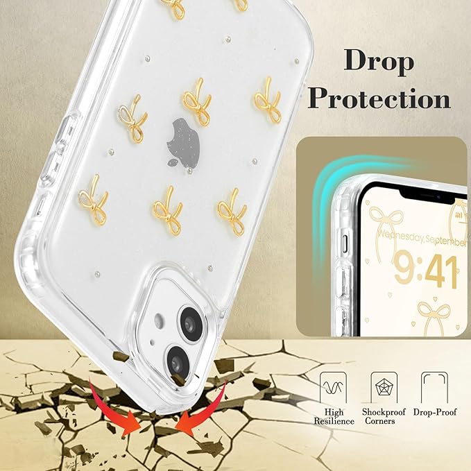 EYZUTAK Case for iPhone 11, Bling Glitter 3D Bowknot Phone Case Cute Sparkly Crystal Clear Bow Aesthetic Design Case Slim Soft Durable TPU Transparent Protective Cover for Women Girls - Gold Bow