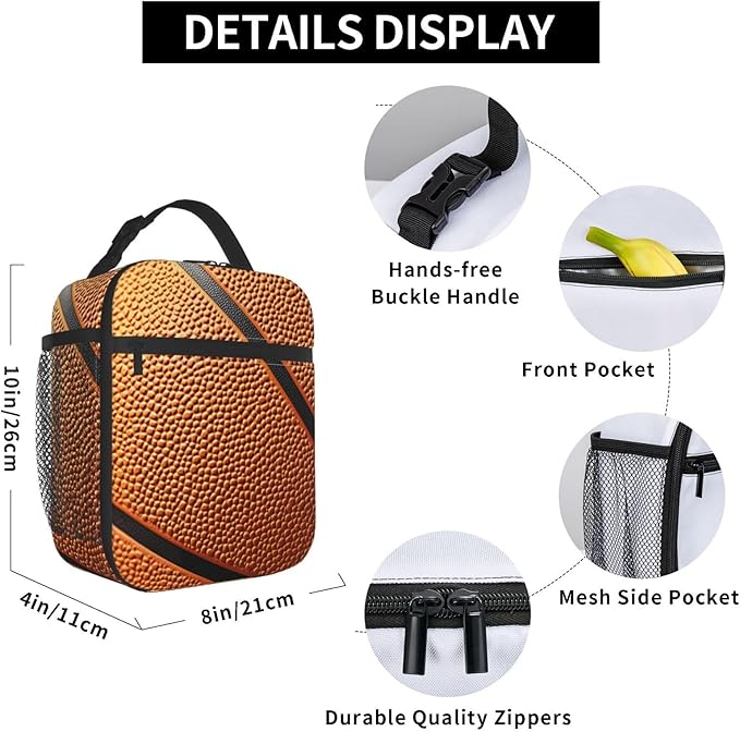 Basketball Print Lunch Box for Players,Adults,Men,Sport Ball Design Insulated Lunchbox,Leakproof Tote Bag,Reusable Cooler Bags for Work,Picnic,Office,Travel,Practical Lunchbag Gifts
