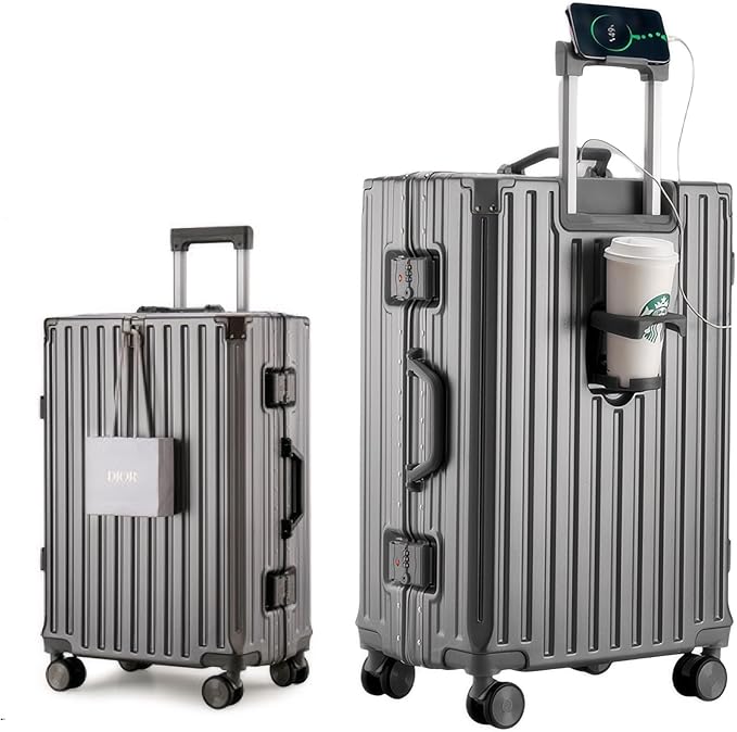 20 Inch PC Hard Shell Carry On Luggage with Aluminum Frame, Grey Suitcase with Cup Holder and USB Port, Zipperless Luggage for Business Travel