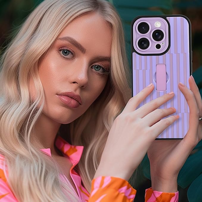 Compatible with iPhone 14 Pro Max Case with Finger Hand Strap Kickstand, Trendy Cool Striped Phone Case for Women Men, Full Camera Protection Shockproof Protective Cover, Purple Stripes