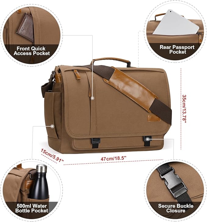 ESTARER Messenger Bag 17-17.3 Inch, Men's Computer Bag Water-resistant Canvas, Laptop Shoulder Bag for Travel Work College, Brown