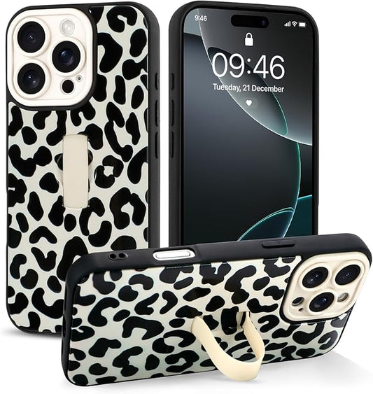 Compatible with iPhone 16 Pro Case with Finger Hand Strap Kickstand, Trendy Cool Leopard Cheetah Phone Case for Women Men, Full Camera Protection Shockproof Protective Cover, White Black