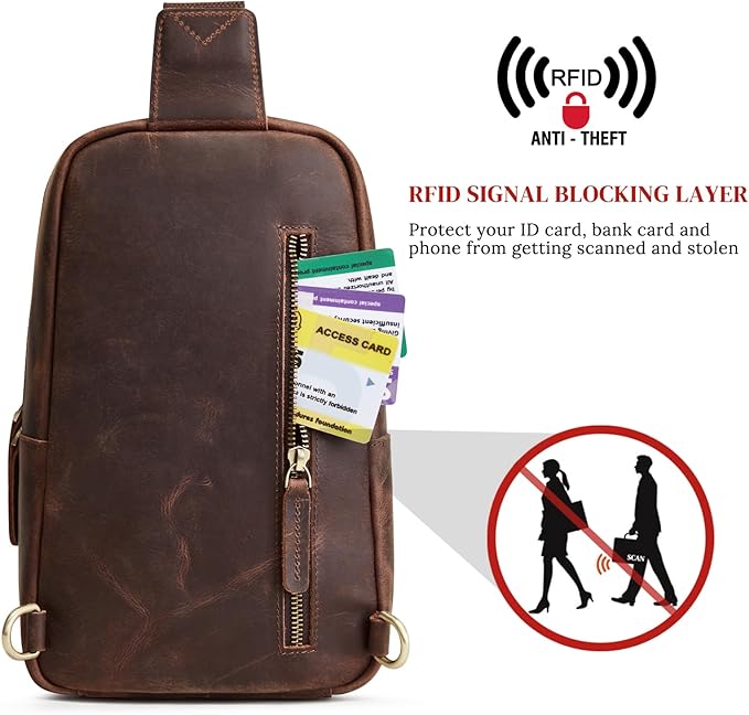 S-ZONE Sling Bag for Men Women RFID Blocking Top Grain Leather Crossbody Shoulder Bag Chest Hiking Daypack Travel