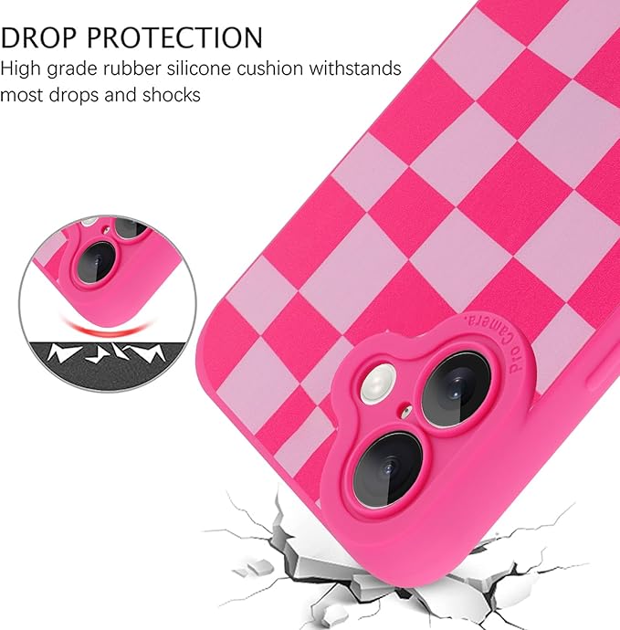 ZIYE for iPhone 16 Plus Case Hot Pink Grids Plaid Checkerboard Pattern Phone Case with Camera Protection,Soft TPU Silicone Rubber Protective Cover Grid Checkered Chess Design Cases