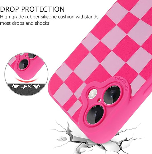 ZIYE for iPhone 16 Plus Case Hot Pink Grids Plaid Checkerboard Pattern Phone Case with Camera Protection,Soft TPU Silicone Rubber Protective Cover Grid Checkered Chess Design Cases