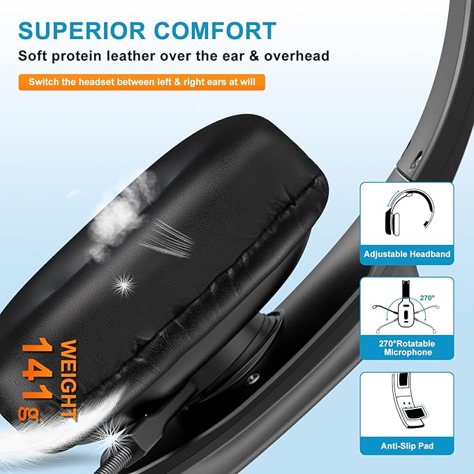 Bluetooth Headset, 60hrs Noise Canceling V5.2 Over Head Headphones, Single Ear Trucker Wireless Headset with Mic, Mute Button, Multipoint, for Phones PC Computer Truck Driver Office Work - Black