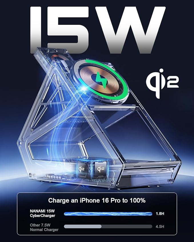 NANAMI Wireless Charging Station for Apple Watch, Qi2 Certified 3 in 1 15W Magnetic Wireless Charger Stand for iPhone 16/15/14/13/12 Series, AirPods 4/3/Pro/Pro 2, [Certified] Apple Watch Charger