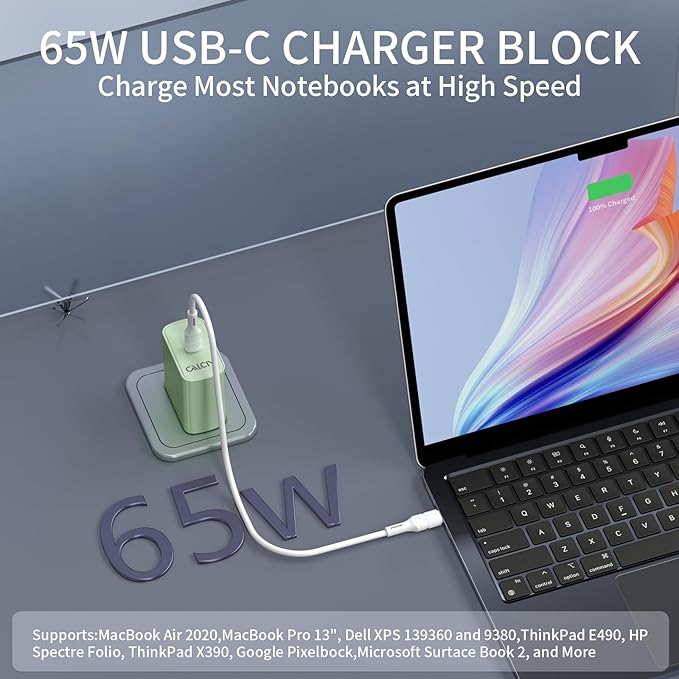 USB C Charger Block CALCINI 1 Pack GAN 65W USB C Charger Fast Type C for Laptop Power Adapter MacBook Pro/Air, GalaxyS21/S20, Dell XP S13, Note 20/10+, Phone15/Mini iPad,Pixel