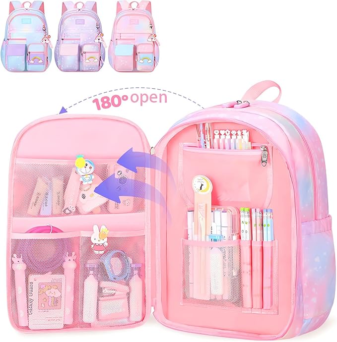 Girl Backpack for School Kids, Pink Cute Bookbag with Lunch Box Rainbow Elementary School Bag Pencil Case (Purple,3Pcs Set)
