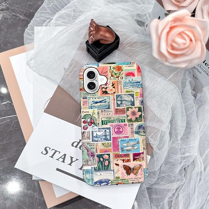 DAIZAG Case Compatible with iPhone 16,Fit Shockproof Cover for Women Girls,Retro Stamp Collage