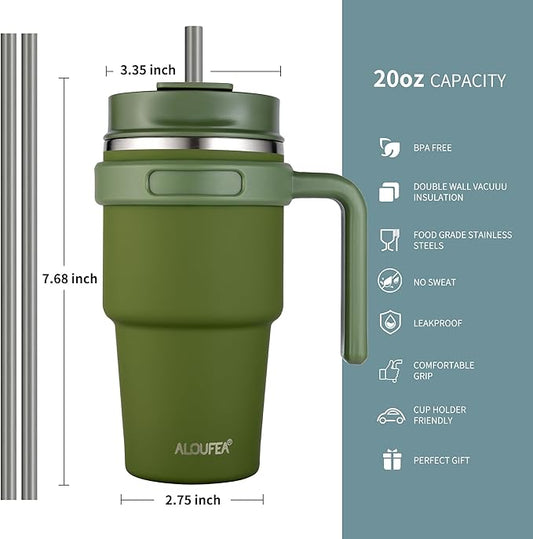 ALOUFEA 20 oz Insulated Coffee Mug Tumbler with Handle, Stainless Steel Travel Mug Tumbler with Lid and Straw,Double Wall Vacuum Leak Proof Ice Coffee Thermal Cup, Army Green