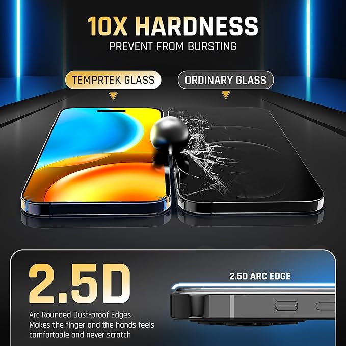 TEMPRTEK+ 2 Pack for iPhone 15 Plus Simple Screen Protector Privacy 9H Military Grade Scratch Fingerprint Resistance Anti-Glare Shatterproof Tempered Glass Anti-Spy Easy Installation Bubble Free