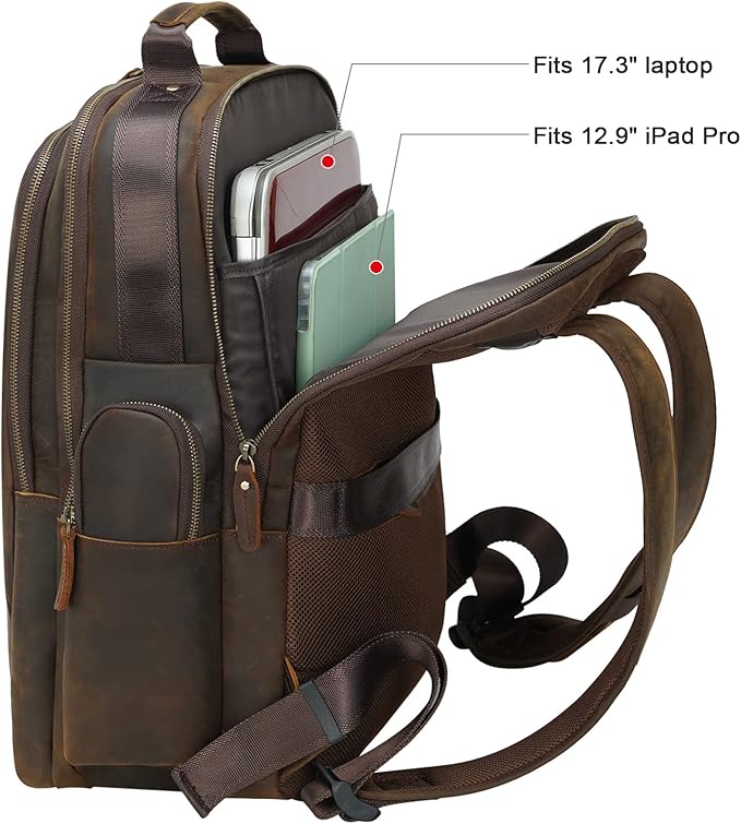 TIDING Full Grain Leather 17.3 Inch Laptop Backpack for Men Large Capacity Travel Weekender Camping Daypack Rucksack