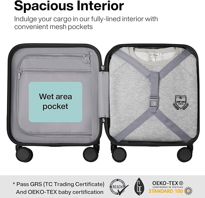 mixi Upgrade Carry on Luggage 14 Inch Underseat Personal Item Suitcases with Spinner Wheels, Hardside Rolling Suitcase PC with TSA Lock Lightweight Travel Case, Fine Grid Black