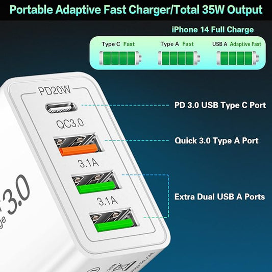 35W USB C Fast Charging Block [4-Pack], 4-Port PD 3.0 + Quick 3.0 Fast Type C Wall Charger Power Adpater Fit for iPhone 16/15/15 Pro/12/13/14 /Pro Max/XS/XR/X, Pad Pro,Samsung Galaxy, Tablet