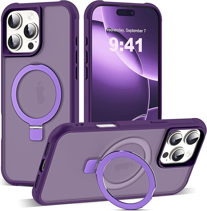 Compatible with iPhone 16 Pro Max Case with Invisible Magnetic O-Ring Stand Military-Grade Translucent Case for iPhone 16 ProMax 6.9" [Compatible with Mag-Safe][Great Grip Feeling], Purple