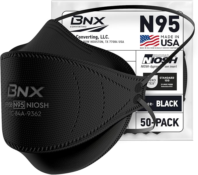 BNX N95 Mask NIOSH Certified MADE IN USA Face Mask, Tri-Fold Cup/Fish Style, 10,20,50-Pack - Black, White (Model F95B,F95W)