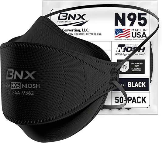 BNX N95 Mask NIOSH Certified MADE IN USA Face Mask, Tri-Fold Cup/Fish Style, 10,20,50-Pack - Black, White (Model F95B,F95W)