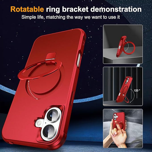 Compatible with iPhone 16 Case with Invisible Magnetic O-Ring Stand Military-Grade Case for iPhone 16 6.1" [Compatible with Mag-Safe][Great Grip Feeling], Red
