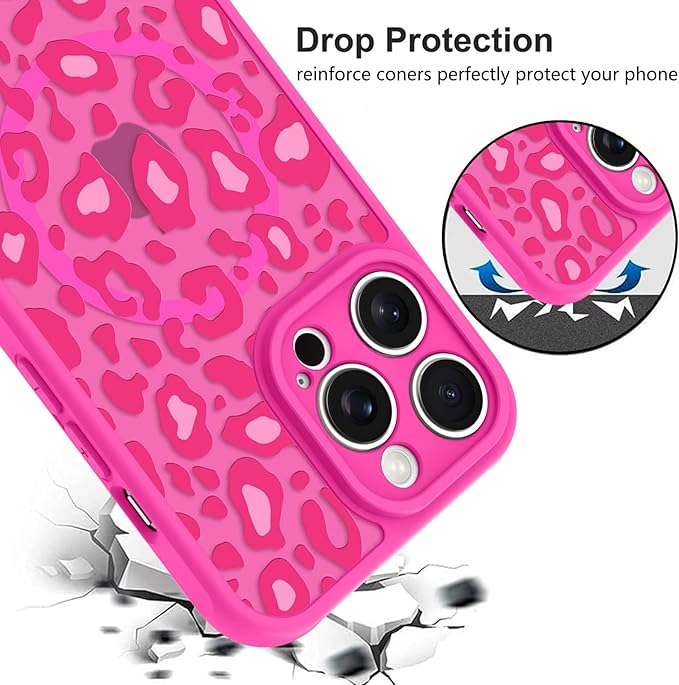 KANGHAR Case for iPhone 12 Pro Hot Pink Leopard Printed Pattern Cute Cheetah [Compatible with Magsafe] Protective Magnetic Case for Girls Women 6.1"