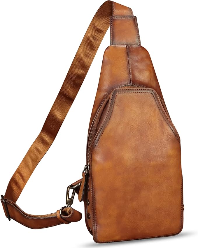 Genuine Leather Sling Bag Retro Crossbody Sling Backpack Handmade Chest Shoulder Daypack Purses Fanny Pack (Brown)