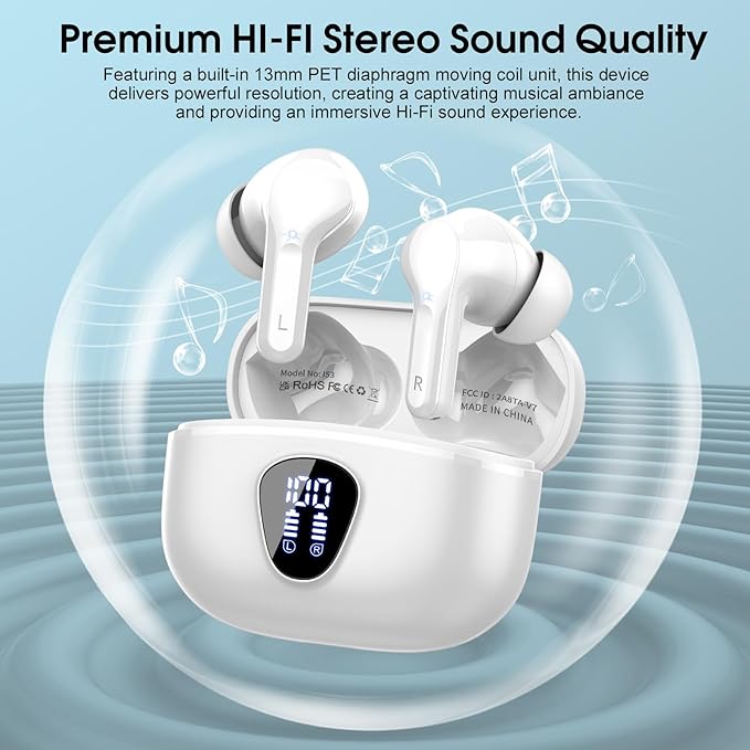 Wireless Earbuds, Bluetooth 5.4 Headphones HiFi Stereo, Bluetooth Earbuds with ENC Noise Cancelling Mic, IP7 Waterproof in Ear Earphones, 48H, LED Display Ear buds for Pad Workout Sports, White Purple