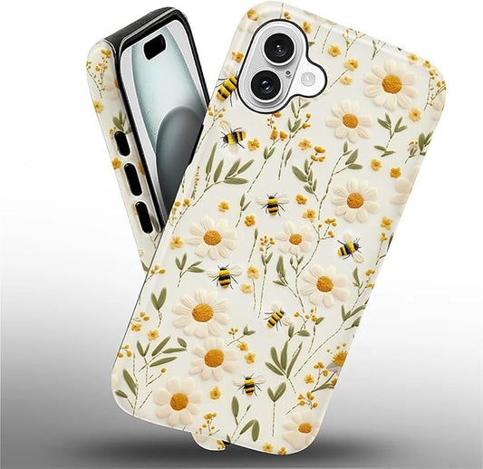 Case for iPhone 16 Plus Case,Bees Sunflowers Design - Hybrid Dual Protection Silicone + Hard PC Shockproof Full Body Cover Slim Anti-Scratch Protective Case for Men Women