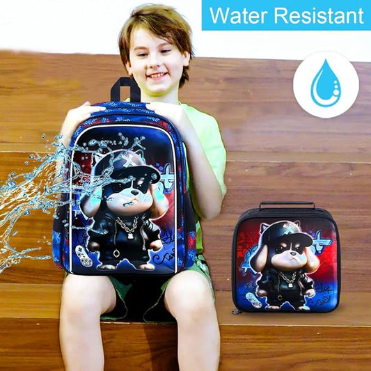 CCJPX 16" Kids Backpack for Boys, 3PCS Dog Water Resistant Preschool Bookbags with Lunch Box, Cool School Bag for Toddler Kids