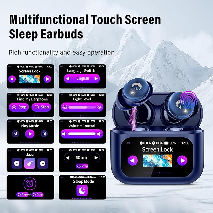 Sleep Earbuds Bluetooth 5.4 in Ear Smart Touch Screen Ear Buds, 48H Playtime Mini Sleep Headphones Small Design for Side Sleepers, Crystal-Clear Calls, 5 EQ Modes, IPX7 Waterproof Earphones Blue