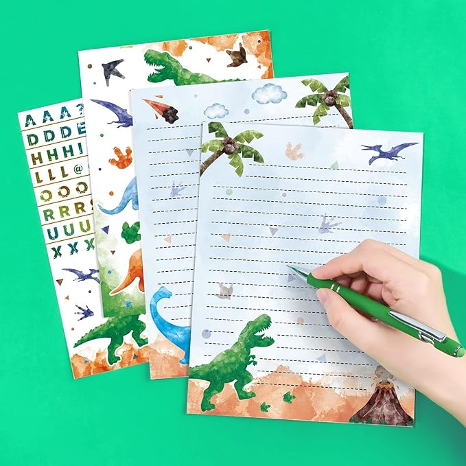 WERNNSAI Kids Stationery Set -72 PCS Dinosaur Boys Stationery Set Teens Dino Letter Writing Kit Dinosaur Letter Paper Set Stationery Writing Sheets with Envelopes School Gift Set