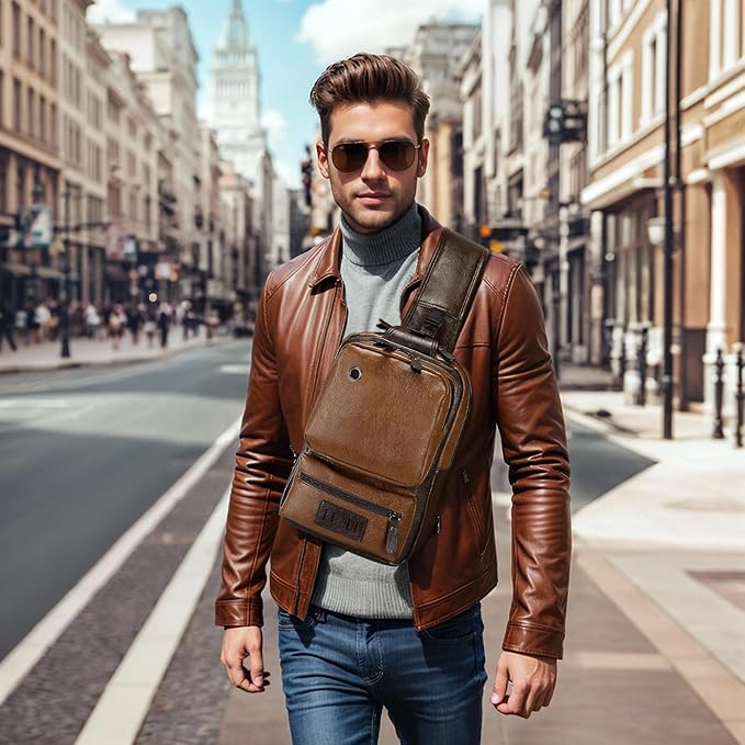 Vintage PU Leather Sling Backpack for Men, Crossbody Bag, Adjustable Shoulder Strap, Compact Backpack for Travel, Daily Use, and Gift, Light Brown