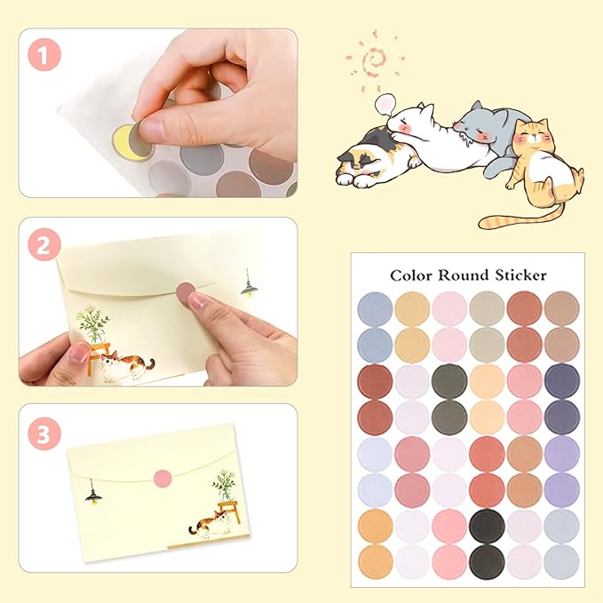 37 Pcs Stationery Paper Envelopes Set Includes 24 Lined Writing Paper & 12 Envelopes with 48 Colorful Round Dot Stickers, Cute Vintage Cat Letter Writing and Stationery Paper Envelopes(4Style)
