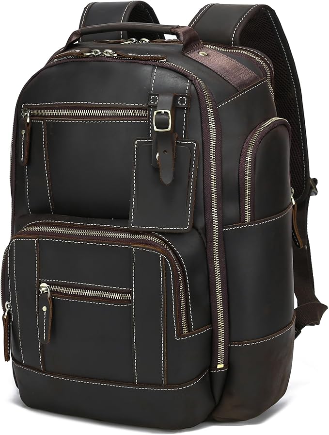 LANNSYNE Vintage Genuine Leather Backpack for men, 15.6" Laptop Backpack Travel Camping 24L Rucksack
