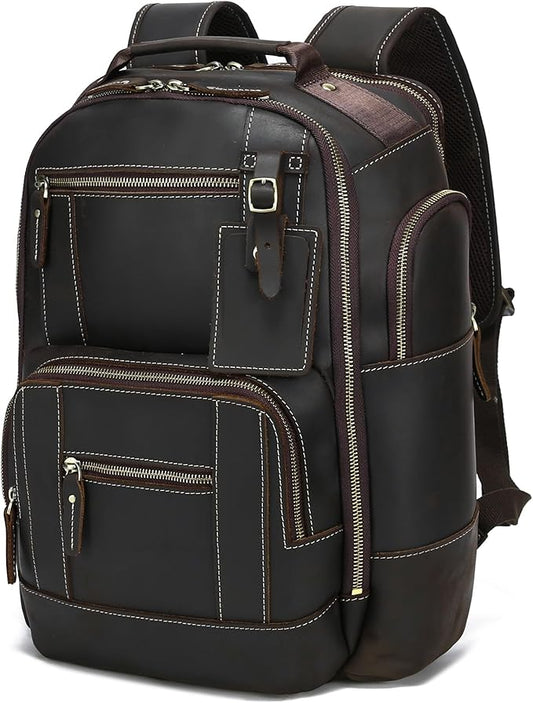 LANNSYNE Vintage Genuine Leather Backpack for men, 15.6" Laptop Backpack Travel Camping 24L Rucksack