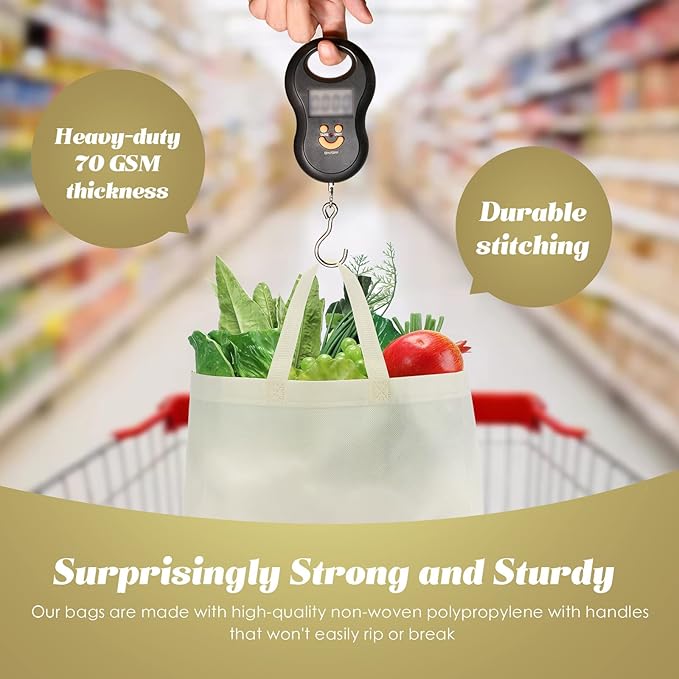 Reginary Reusable Totes Bags - 100 Pcs Non Woven Grocery Handle Bags for Shop Events & Retail Store(Beige)