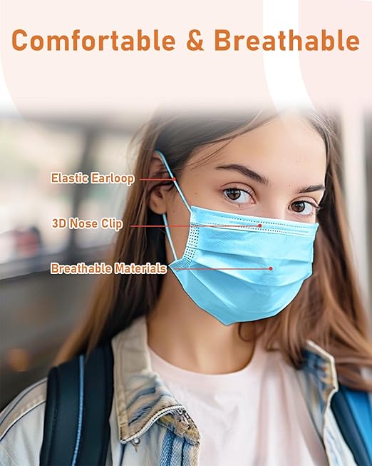 Face Masks Disposable 100 Pack, 4 Ply ASTM Level 3 Medical Grade, FSA/HSA Eligible, Breathable for Adult Outdoor Protection, Individually Wrapped for Home, School & Office, Sky Blue