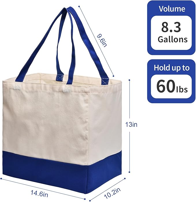3 Pack Canvas Reusable Grocery Bags Heavy Duty, 8.3 gal Foldable Large Canvas Tote Bag with Handles, Holds 60 lbs Canvas Shopping Bags & Washable Eco-friendly Bags with 5 Pockets, Blue+Off White
