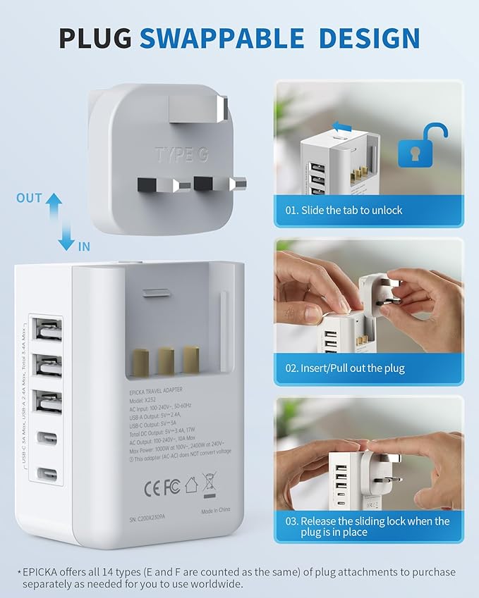 US to UK Plug Adapter, Type G Travel Adapter with 2 US Outlets, 3 USB-A & 2 USB-C Ports, Swappable International Power Adapter for Ireland England Singapore Hong Kong Scotland Dubai Qatar (X232G)