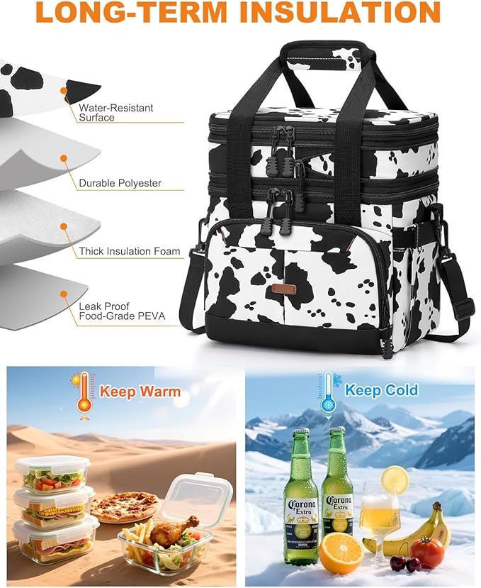 Lunch Box for Men Women Double Deck Insulated Lunch Bag for Men Woman Leakproof Expandable Cooler Bag with Adjustable Shoulder Strap for Work Picnic School(Cow Print,16L)