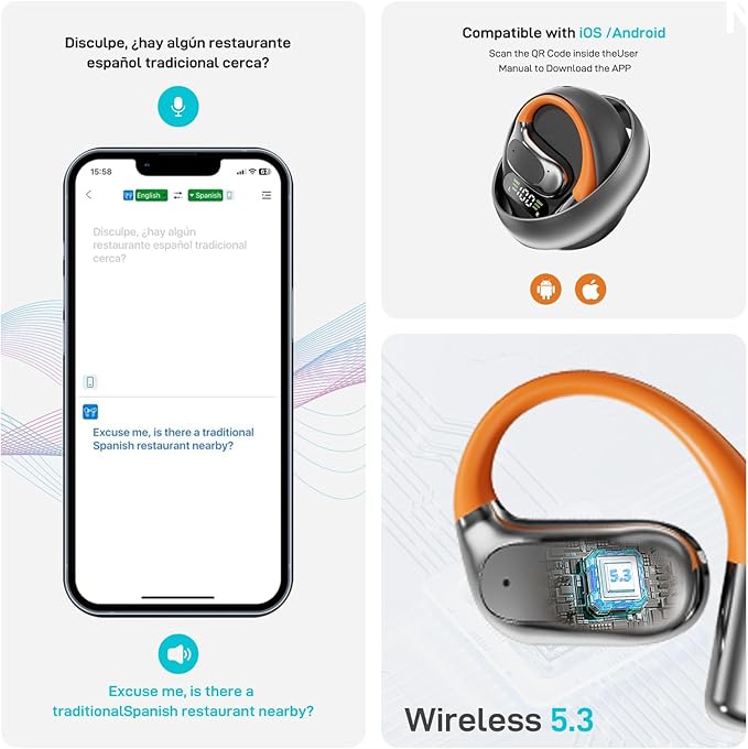 Translation Earbuds Real Time - 144 Language Ai Translator Earbuds, 3 in 1 Wireless Bluetooth Headphones Translator Device for iOS and Android, Simultaneous Wireless Bluetooth Translation, Black