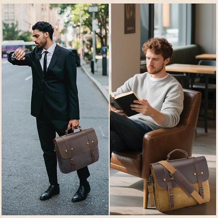 Mens Messenger Bag Waxed Canvas Laptop Briefcase 15.6“ Vintage Genuine Leather Crossbody Bags Waterproof Satchel Shoulder Bag